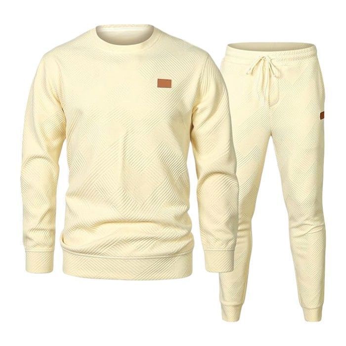 Ensemble de survêtement homme sport casual beige taille L jogging confortable en tricot jacquard élastique sweat col rond et