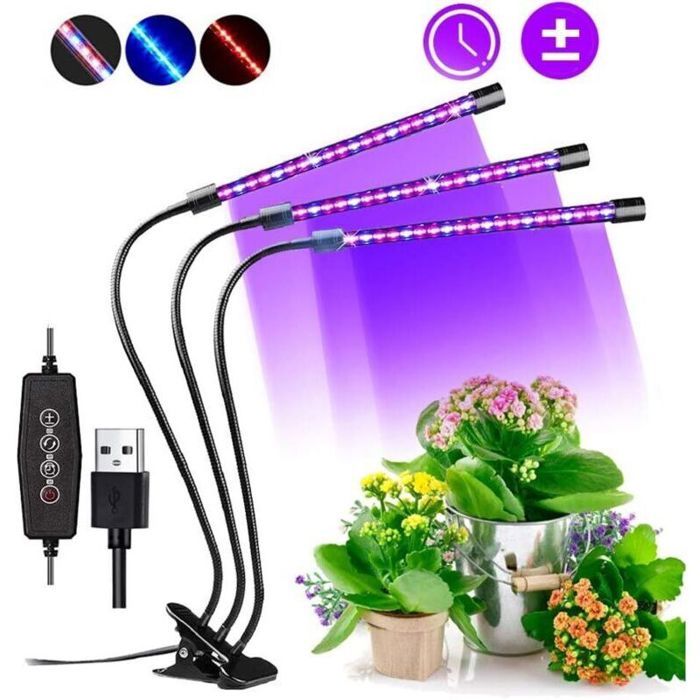 Lampe horticole 60 LED spectre complet 3 modes minuterie auto 3/6/12H clipable