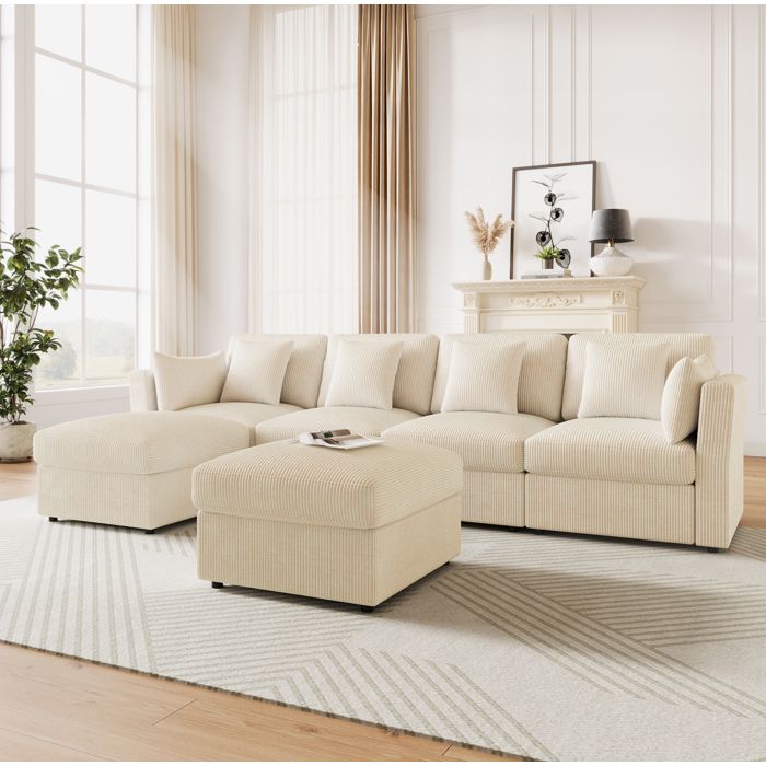 Canapé dangle U modulable 290 x 159 5 x 89 cm 4 à 6 places corduroy beige avec accoudoirs réglables Grjofek