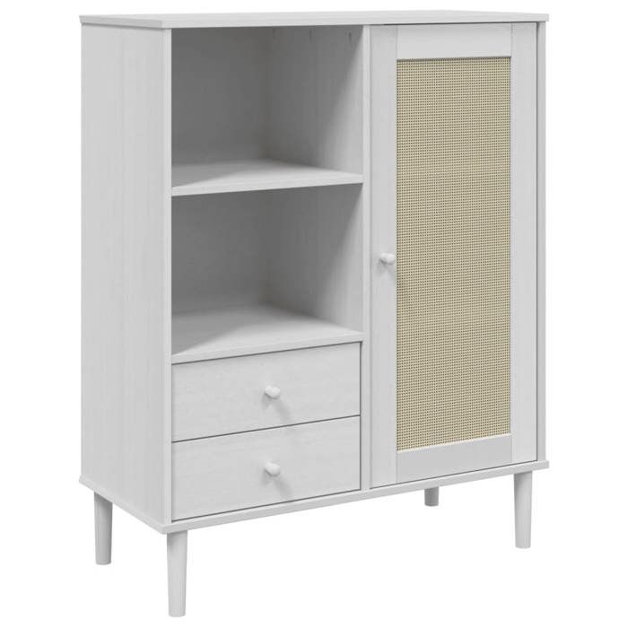 NOUVEAU Placard de rangement - Buffet de Cuisine - Armoire Bas vitrine - SENJA aspect rotin - blanc - 90x40x112cm - Bois massif de p