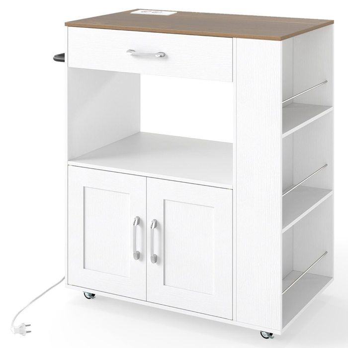 Îlot de cuisine mobile avec roulettes verrouillables étagères cubiques ouvertes tiroir porte-serviettes blanc