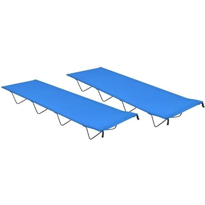 2Pcs Lit de camp en Tissu Oxford et acier Pliable Chaise Longue Voyage 180x60x19 cm Bleu