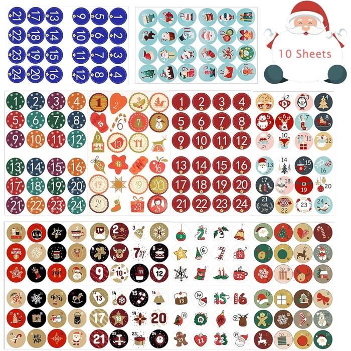 192 Autocollants Numérotés 1 à 24 Pour Calendrier De L'Avent DIY - Motifs De Noël, Diamètre 3.8 Cm