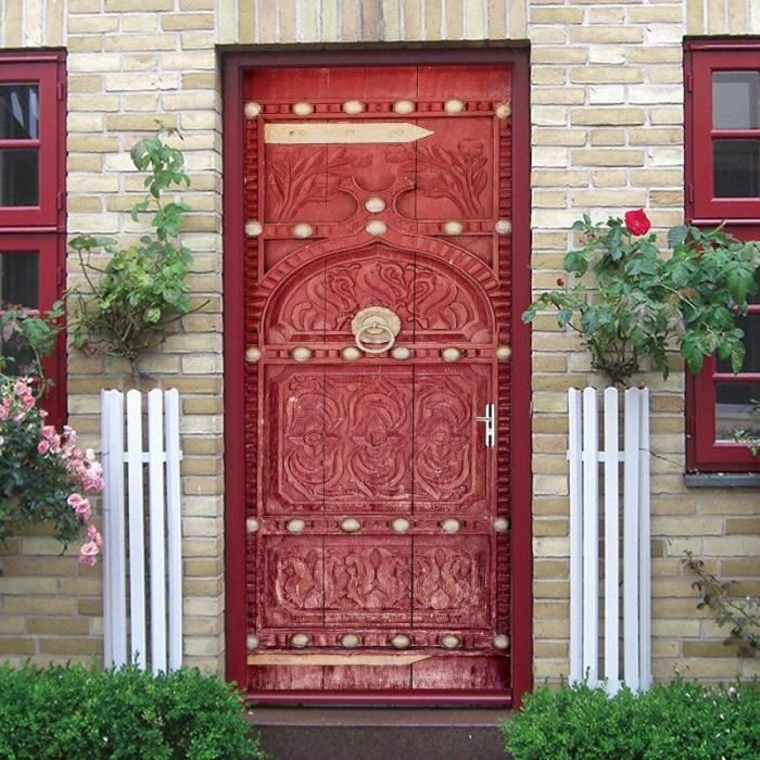 Autocollant Porte 3D Station-Service Rouge - Sticker Trompe-l'Œil 85x215 Cm, PVC, Amovible, Déco Murale Moderne - 2