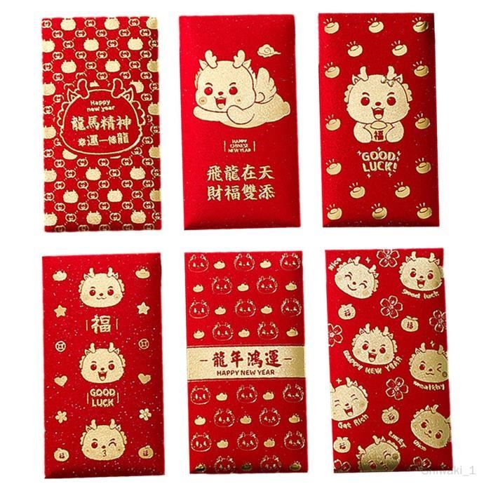 Enveloppes rouges du Nouvel An chinois 2024, paquet rouge de l'année du  Dragon Hong Bao pour anniversaire, 6 pièces D