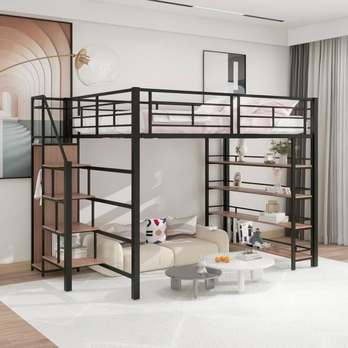 Lit mezzanine - Lit jeune - 140x200 cm - Noir - Escalier de sécurité et rangements