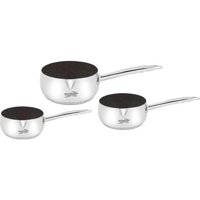 Haussmann Héritage® - Set de 3 Casseroles Inox avec Revêtement Façon Pierre 16/18/20 cm- Sans PFOA -  Induction