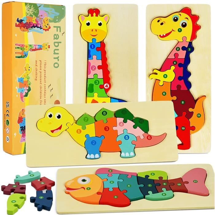 Lot De 4 Puzzles En Bois Montessori Pour Enfants – Thèmes Ferme, Prairie, Océan Et Dinosaures – Dès 1 An