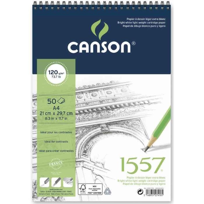 Album Dessin Canson 50 Feuilles 14.8x22.7cm - Papier Extra Blanc 120g/m², Spirale - Idéal Croquis, Esquisses