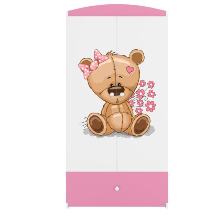 armoire enfant ourson avec fleurs 2 portes 1 tiroir de rangement - rose