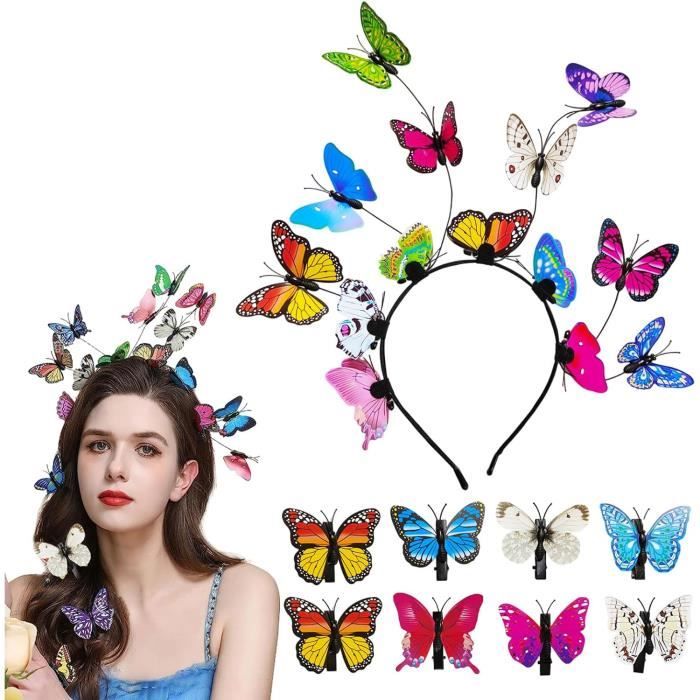 Bandeau Et Clips Papillon Colorés - Accessoires Cheveux Fée Pour Halloween, Fêtes - Lot De 6 Pièces