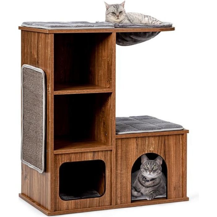 costway arbre à chat en bois avec 3 etagères, griffoirs et coussins,niche, centre d'activités charge 20kg pour chat chaton