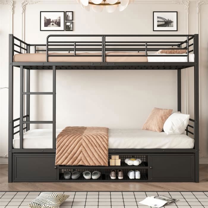 Lit superposé - Noir - 90x200cm - Métal + MDF - Échelle incluse - Rangement intégré