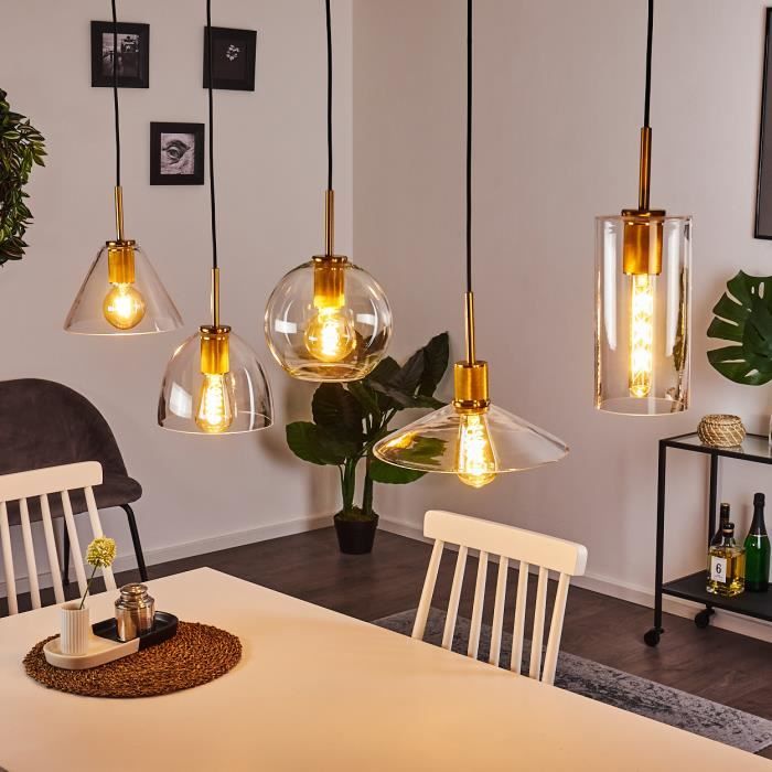 »Radda« Lampe à suspension rétro en métal doré et abat-jour en verre transparent ampoule(s) non incluse(s)