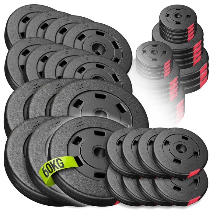 Disques de Poids en Plastique 60 kg Ø 31 mm Hop-Sport Disques dHaltères pour Barres de Musculation 30 mm 6x5 8x25 8x125 kg