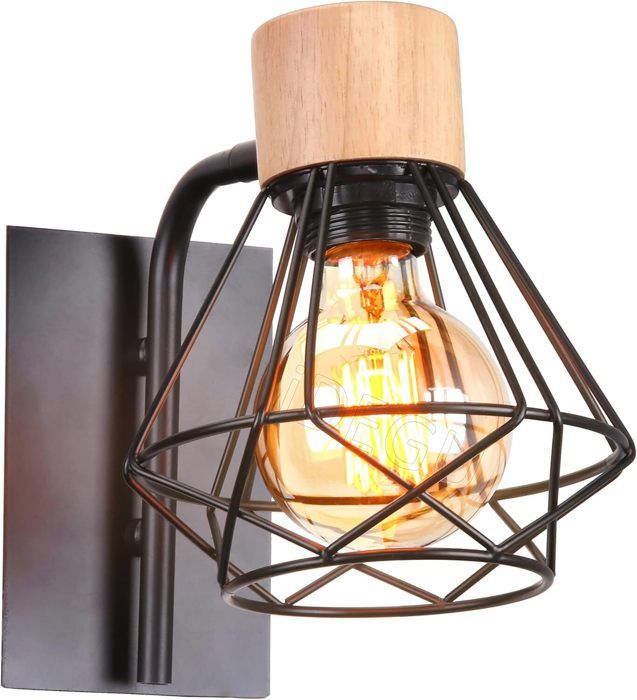 IDEGU Applique Murale Intérieure Industrielle Luminaire Réglable en Bois et Fer Design Cage Noir Rétro Éclairage pour Chambre Salon