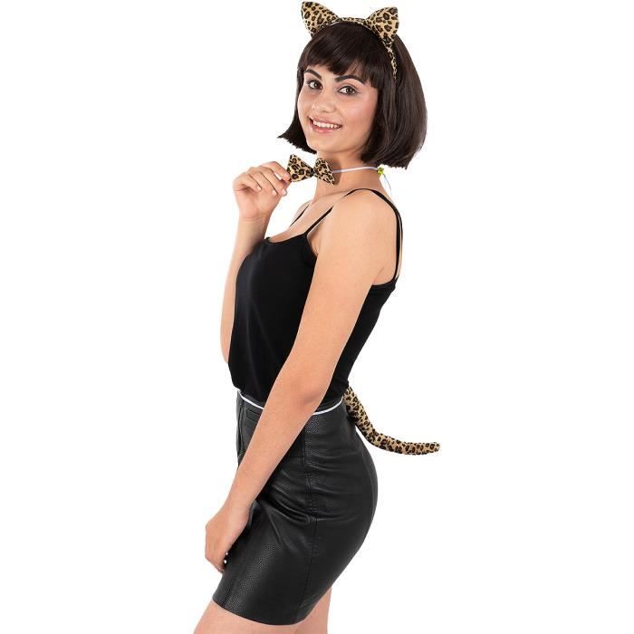 GWAWG Costume Léopard – 4 Pièces : Bandeau, Queue, Nœud Papillon, Cravate, Tatouage – Carnaval, Halloween