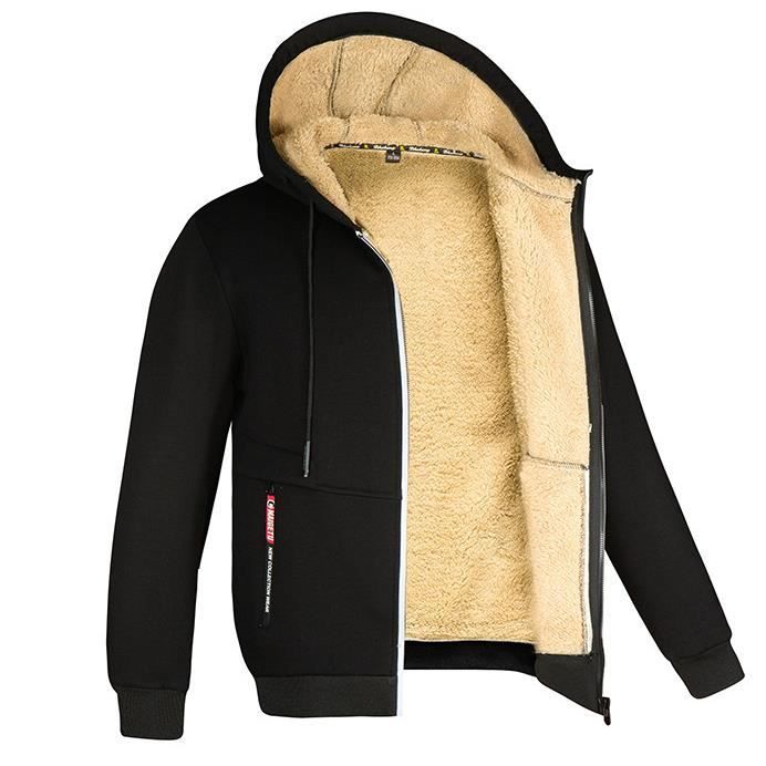 Sweats Homme Polaire Sweat a Capuche Veste avec Zippee Hiver Chaud Epaisse Sherpa Manches Longues Manteaux Poche Zippee Noir
