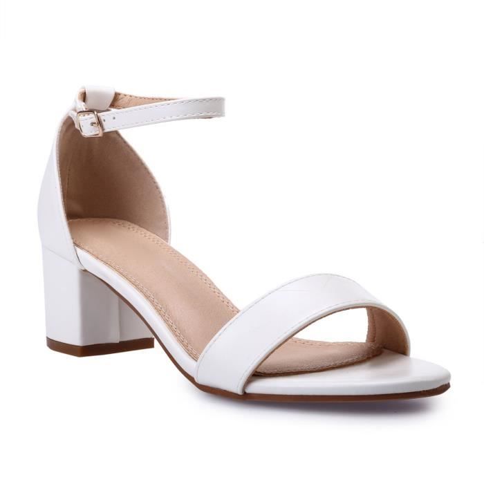 Sandales blanches en simili cuir à talon carré Blanc - Cdiscount Chaussures