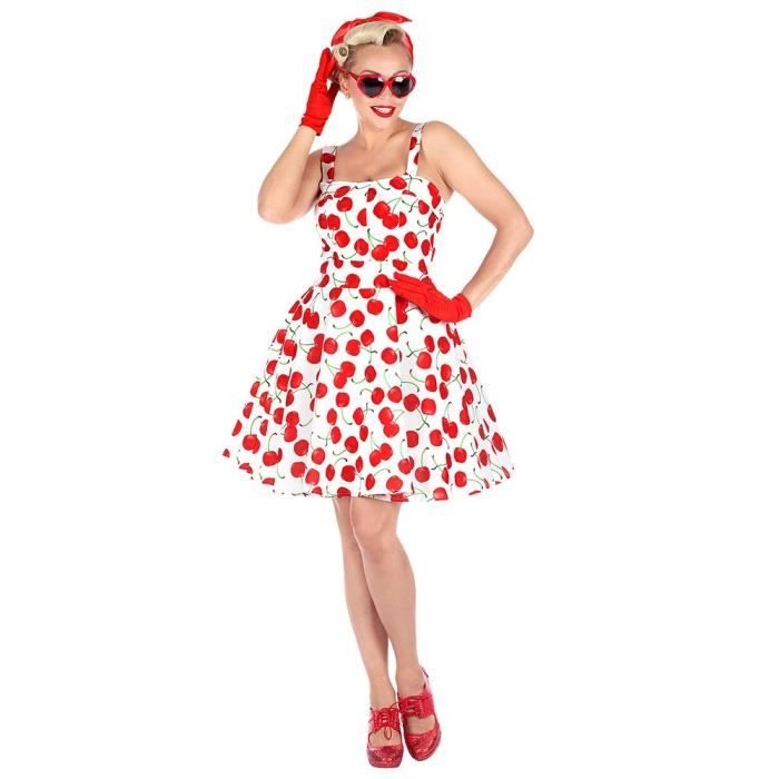 Deguisement Pin Up Chic Femme Blanc Robe avec cerises imprimees et jupon Pour soiree deguisee annees 50 Cdiscount Jeux Jouets