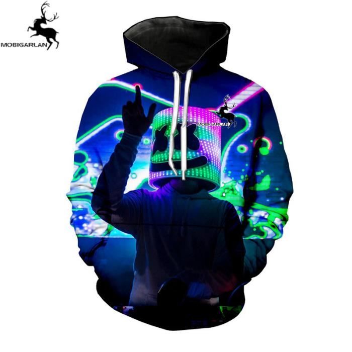 Sweat a capuche Homme de Marque Luxe a imprime DJ marshmello Sweat shirt hommes Vetement Masculin Bleu Cdiscount Pret a Porter