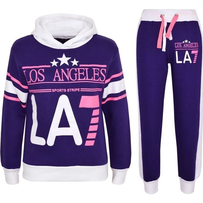 Enfants Filles Noir & Gris Survêtement Los Angeles LA7 Imprimé à Capuche & Bas Jogging Costume 