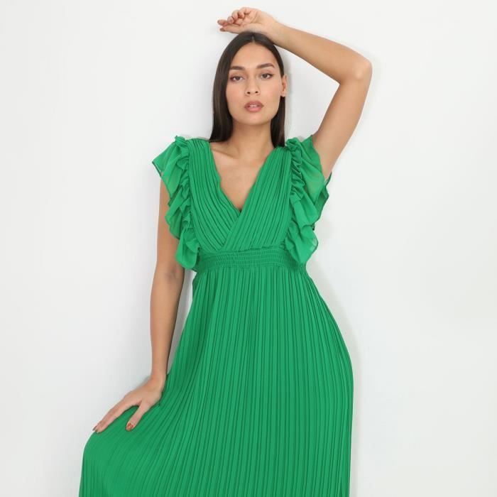 Robe longue verte pliss e volants Vert Cdiscount Pr t Porter