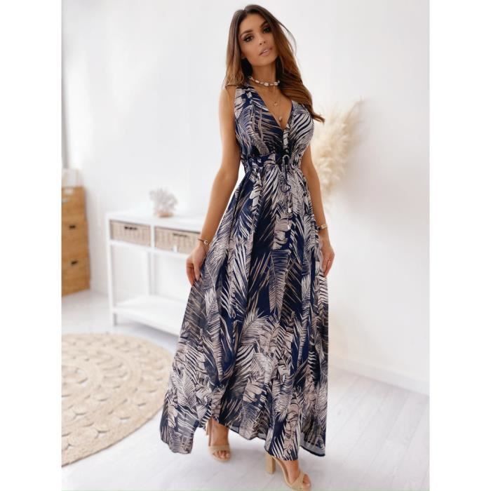 Femmes Robe Longue Boheme Col V Taille Haute Imprime Cocktail Party sans Manches Ete Elegant Bleu Cdiscount Pret a Porter