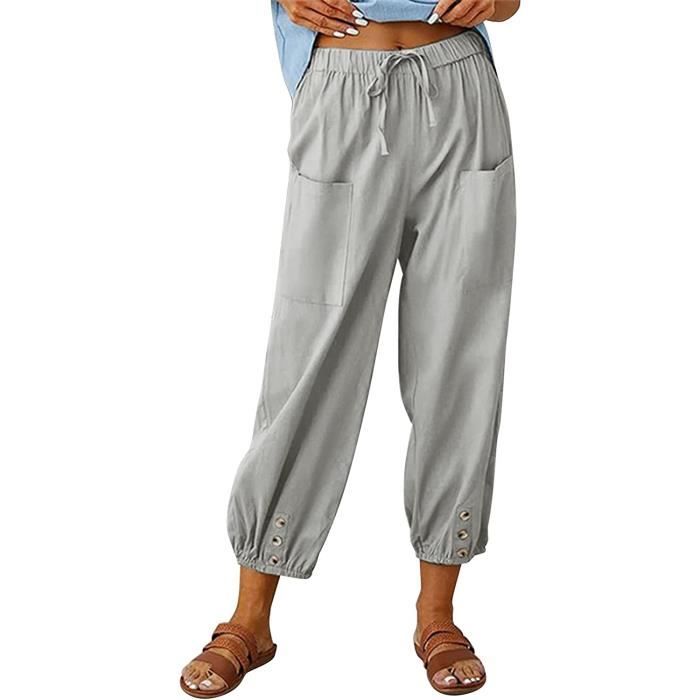 Pantalon lin gris femme hot sale