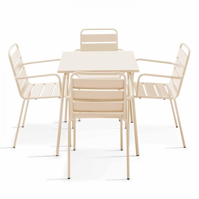 Ensemble table de jardin carrée et 4 fauteuils acier ivoire