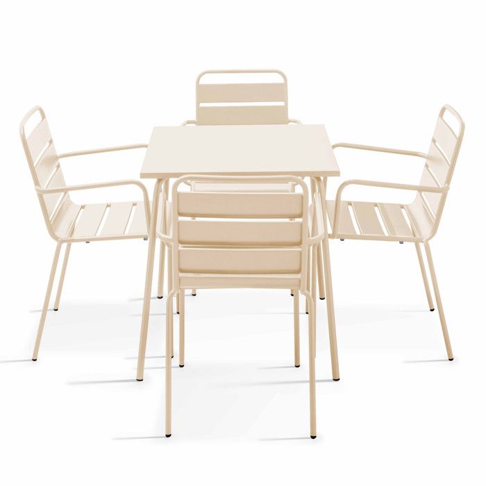 Ensemble table de jardin carrée et 4 fauteuils acier ivoire Palavas Oviala