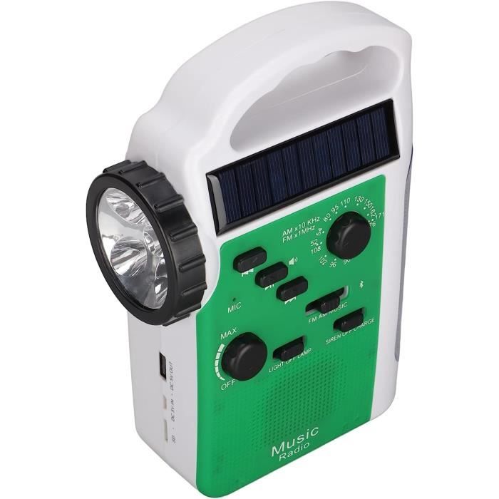Radio Solaire Manivelle Portable - AM/FM, Lampe LED, Batterie 10000 MAh - Chargeur USB Vert
