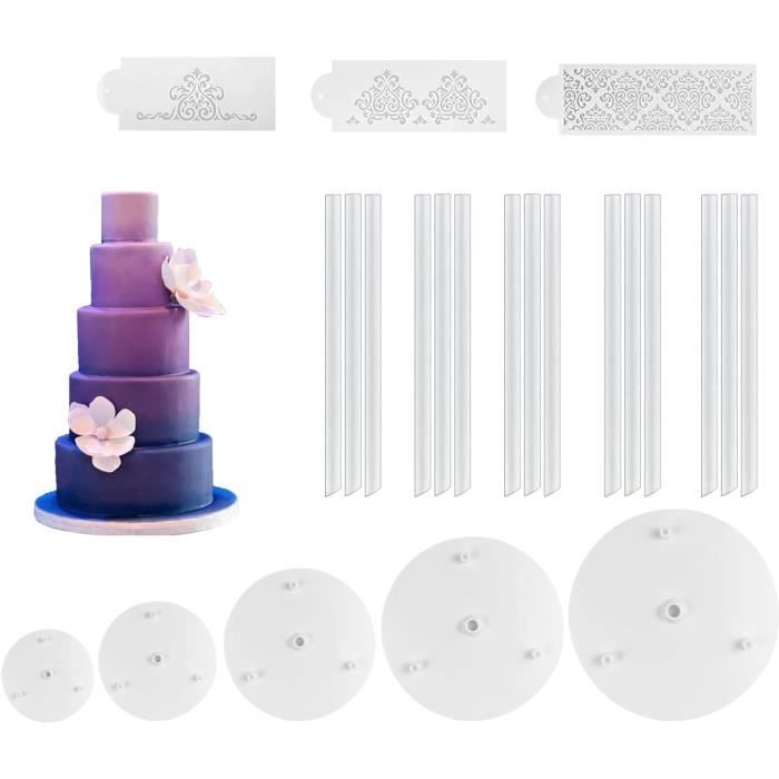15 Pièces Kit Supports Gâteau Multicouches – 5 Planches + 15 Dowels + 3 Gabarits Gaufrage, Pour Gâteaux Mariage Anniversaire