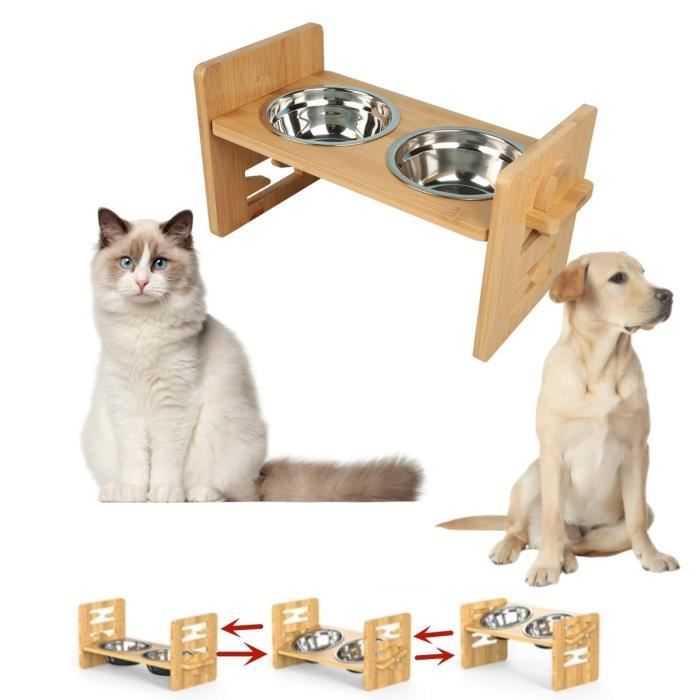 Meilleurs prix pour Gamelle surélevée en bambou pour chien et chat avec 2 gamelles inox de grande taille - XUANYU