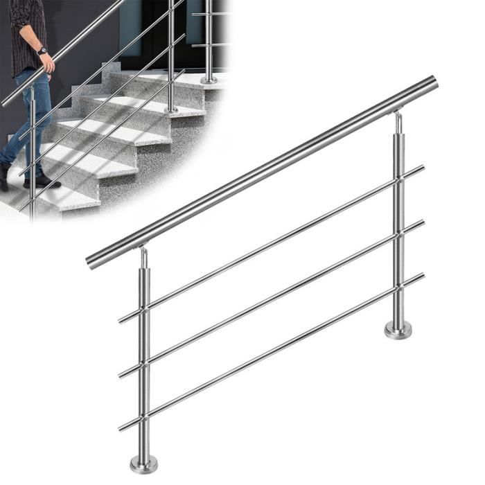 YUENFONG Rampe d'escalier en acier inoxydable pour escaliers, balcon, intérieur et extérieur, argent (180 cm, avec 3 traverses)