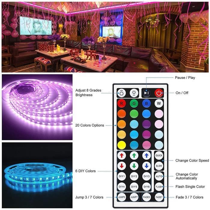 AIMTYD Bande lumineuse LED avec télécommande, 5 m RVB 5050 LED à changement  de couleur, alimentation 12 V LED pour chambre, chambre, TV, cuisine et  décoration de la maison.