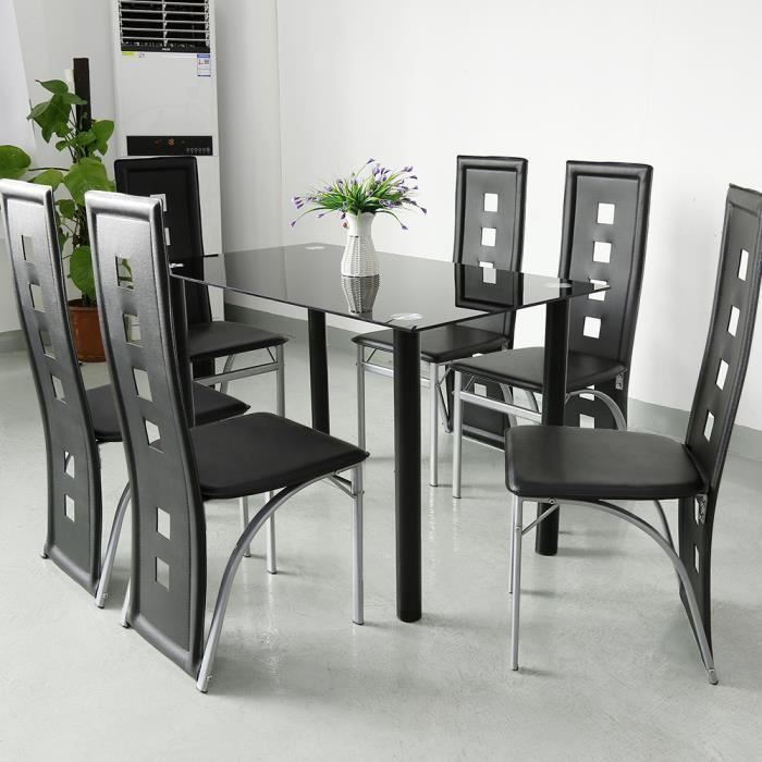 Ensemble Table à Manger 6 Chaises - Table 140x80x76 Cm, Chaises Avec Dossiers Et Coussins Gris - Style Moderne, Couleur Noir - Pour Salle à Manger Ou Cuisine