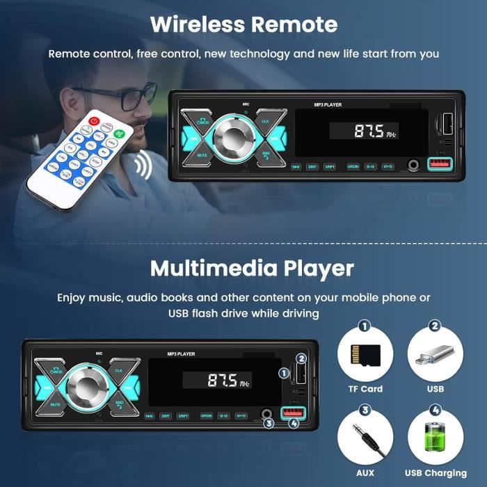Autoradio Poste Radio Pour Voiture Bluetooth Lecteur iOS & Android Ports  USB FR