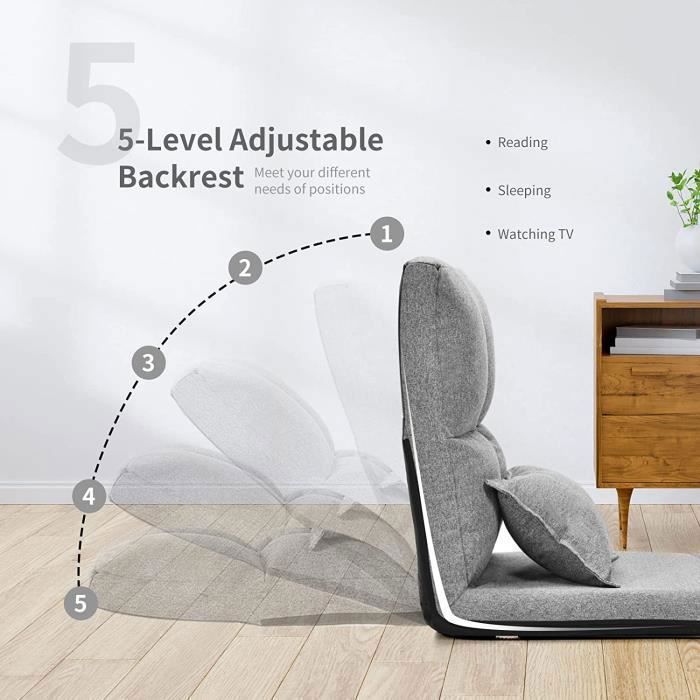 GOPLUS Coussin de Sol Réglable en 5 Positions, Chaise Japonaise Pliable, pour Salon, Bureau, Gris - Maison
