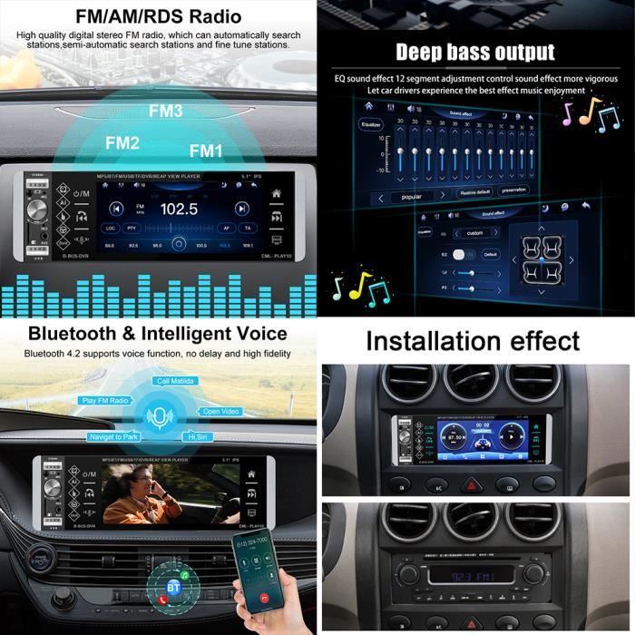 Podofo 1din Autoradio Retractab Autoradio Bluetooth Autoradio 7 « Hd  Lecteur de voiture dans le tableau de bord Stéréo de voiture Fm Mp5 avec  caméra de recul