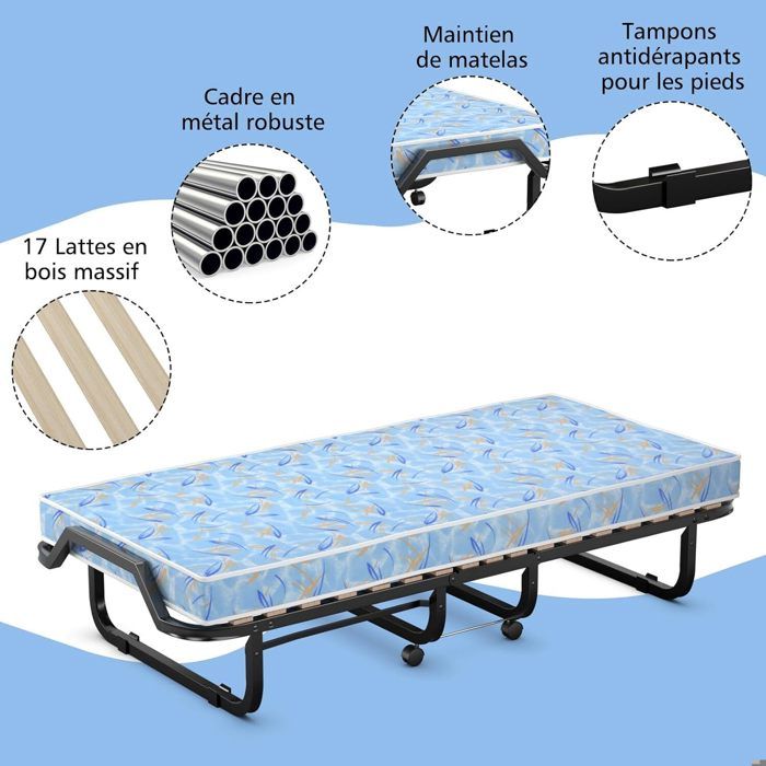 Lit Pliant KESSER 200x90 Cm Avec Matelas Mémoire De Forme – Charge 250 Kg, Roulettes, Rangement Facile, Pour Adulte Voyage - 12