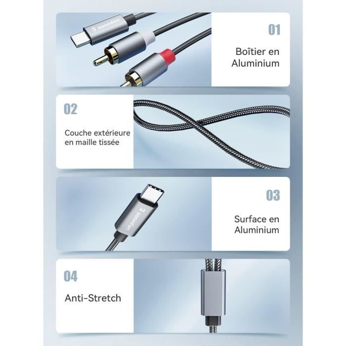 Câble RCA USB C Jack Audio Stéréo 2m Adaptateur Type C pour systèmes Hi-Fi  domestiques, autoradios stéréo, home cinéma, téléphones - Cdiscount  Informatique