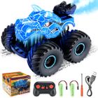 ATOPDREAM Voiture télécommandée dinosaure,Jouet de camion avec lumières et sons,Pulvérisation de queue,2 piles rechargeables - Blue