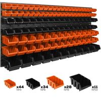 Lot de 117 boîtes XS S et M bacs a bec orange et noir pour système de rangement 179 x 78 cm au garage