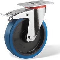 Roulette pivotante à frein diamètre 125 mm fixation à platine caoutchouc bleu à rouleaux charge 200 Kg