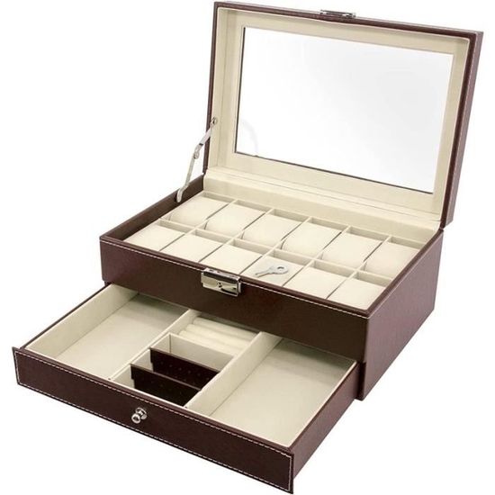 Boîte De Rangement Pour Montres En Cuir - 20 Emplacements, Couvercle En Verre (28x20x16 Cm)