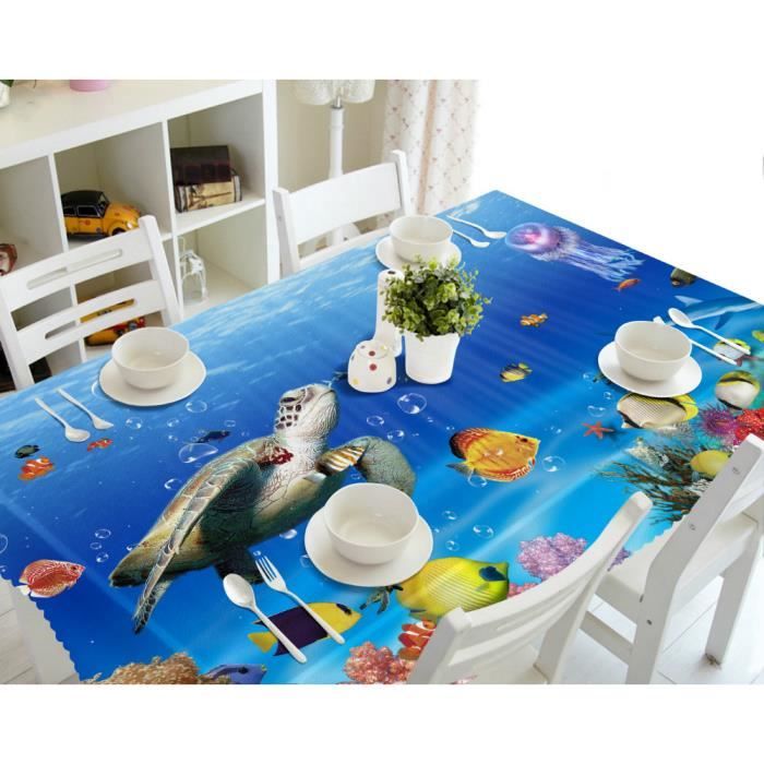 Nappe de table Motif tortues méduse poissons au fond de la mer 3D effect imperméable et antipoussière 140 x 200cm