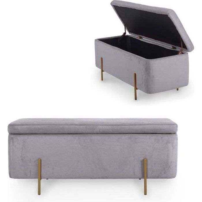 HAYDEN II - Banquette coffre de rangement en velours gris et pieds dorés