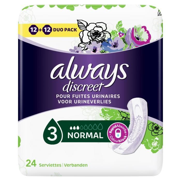 ALWAYS Discreet Serviettes hygiéniques pour fuites urinaires - Incontinence modérée - Lot de 24