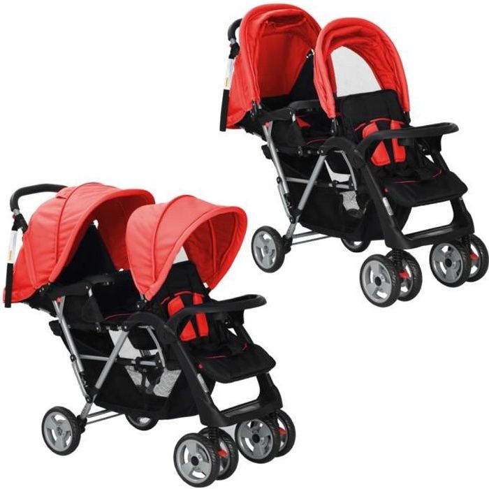 Poussette Double Twin - Poussette à deux places - 118 x 41 x 108 cm (L x l x H)Canne Convient à 1-2 enfants pour Bébé - Acier Rouge